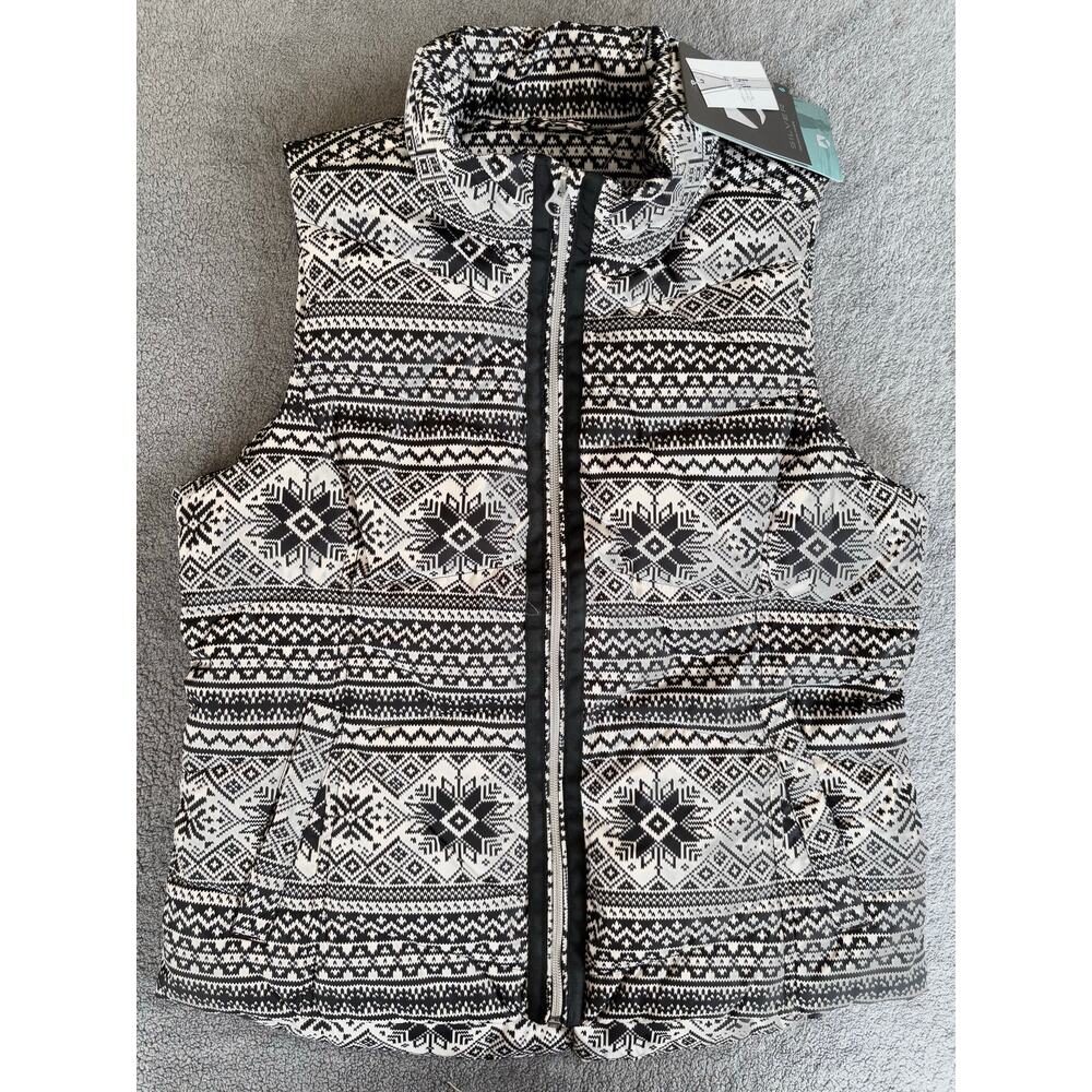 Lands End Puffer Vest Womens S Black Print HyperDry 600 Down Fair Isle